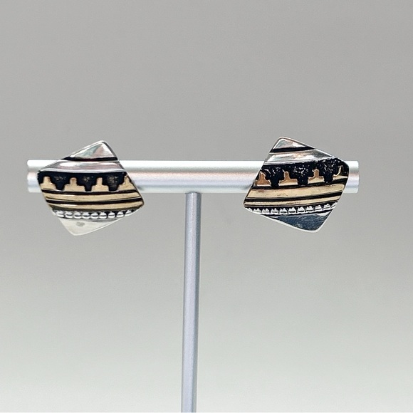 Vintage Tommy Charlie Navajo Sterling Silver Gold Sculptural Earrings - Picture 3 of 10